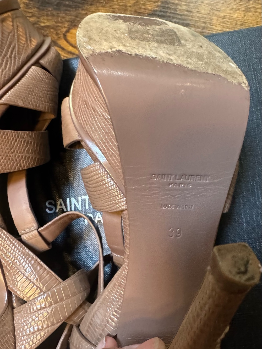 Saint Laurent Tan Croc-Embossed Leather T-Strap Sandals - Picture 7 of 16